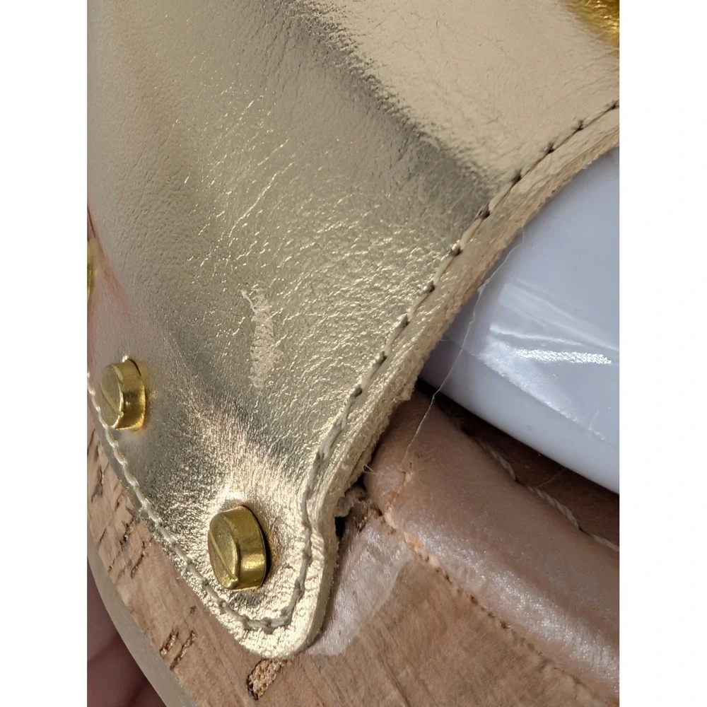 Time‎ and Tru Gold Metallic Wedge Sandals 6 Cork Platform Studded Buckle Glam